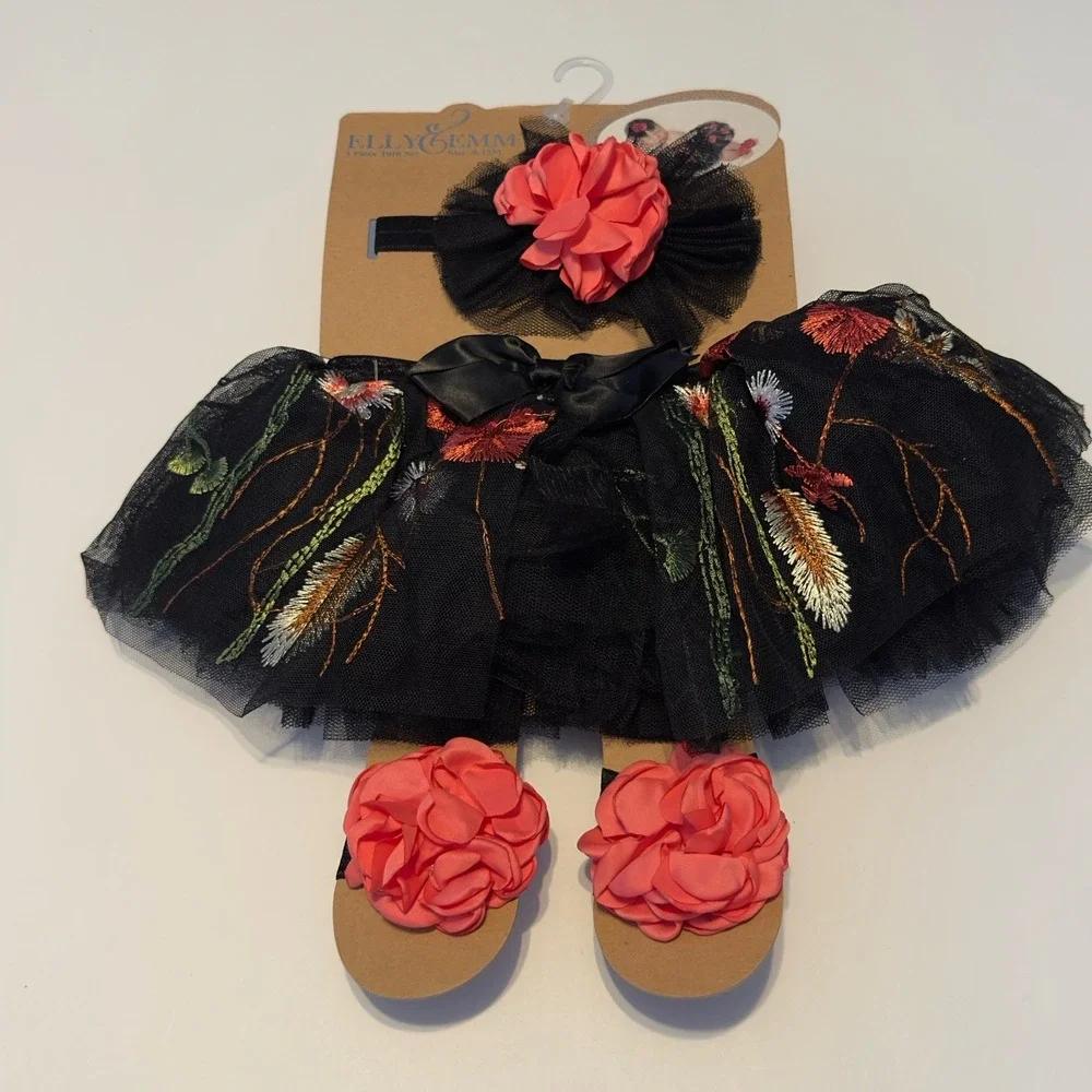 Elly & Emmy Tutu Head‎ Band Tutu Set 0-12M Photo Outfit Brand Black Embroidered